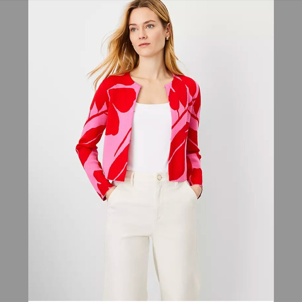 Ann Taylor Red and Pink Patterned Cardigan